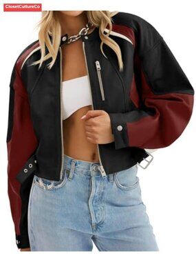 Faux Leather Bomber Jacket Cropped Moto Biker Coat Collarless Zip
